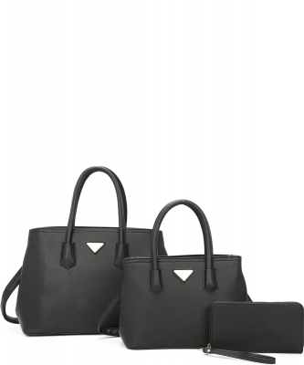 3 In1 Triangle Accent Faux Leather Satchel Set LF21027-T3 BLACK